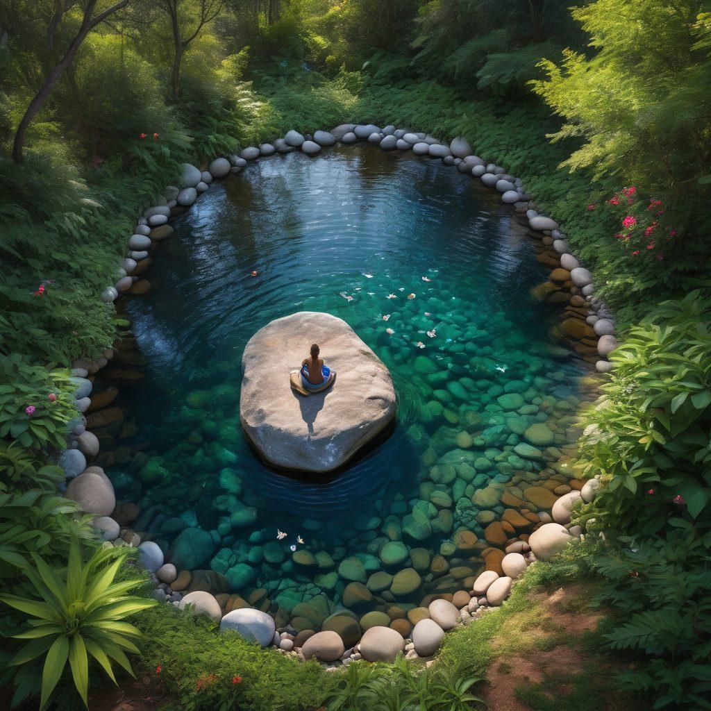 A serene landscape featuring a person meditating on a mountain top, surrounded by lush greenery and gentle flowing water. Soft sunlight filters through the trees, casting warm, inviting shadows. In the foreground, stones are arranged in a calming mandala pattern, symbolizing balance and resilience. Include elements of nature like butterflies and blooming flowers to represent growth and healing. super-realistic. vibrant colors. calming tones.
