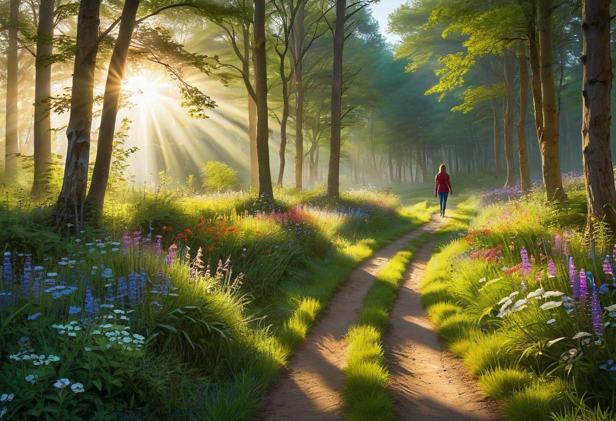 A serene landscape illustrating a journey from darkness to light, featuring a winding path through a lush forest transitioning to a vibrant meadow filled with blooming flowers. In the foreground, a person stands with arms open wide, embracing the warmth of sunlight, symbolizing hope and growth. Soft rays of sunlight filtering through the trees, creating a peaceful and uplifting atmosphere. colorful and inspiring. painting. vibrant colors.