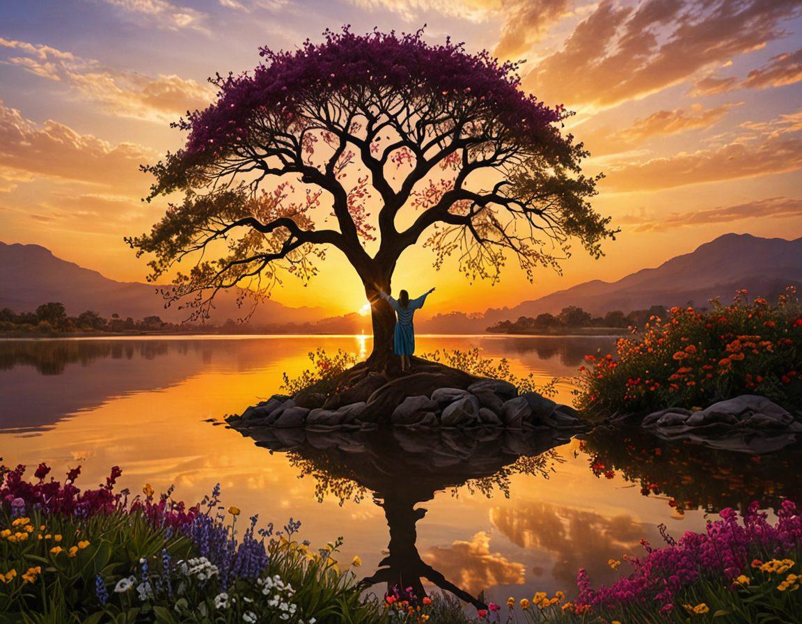 A serene landscape showcasing a blossoming tree symbolizing hope, with vibrant flowers emerging from the ground signifying strength. A sunrise in the background casting warm golden light over tranquil waters, illustrating emotional healing. A silhouette of a person standing with arms open wide, embracing life and possibilities. Soft, uplifting colors dominate the scene. super-realistic. vibrant colors.